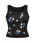 Blue Floral Ribbed Top - Black