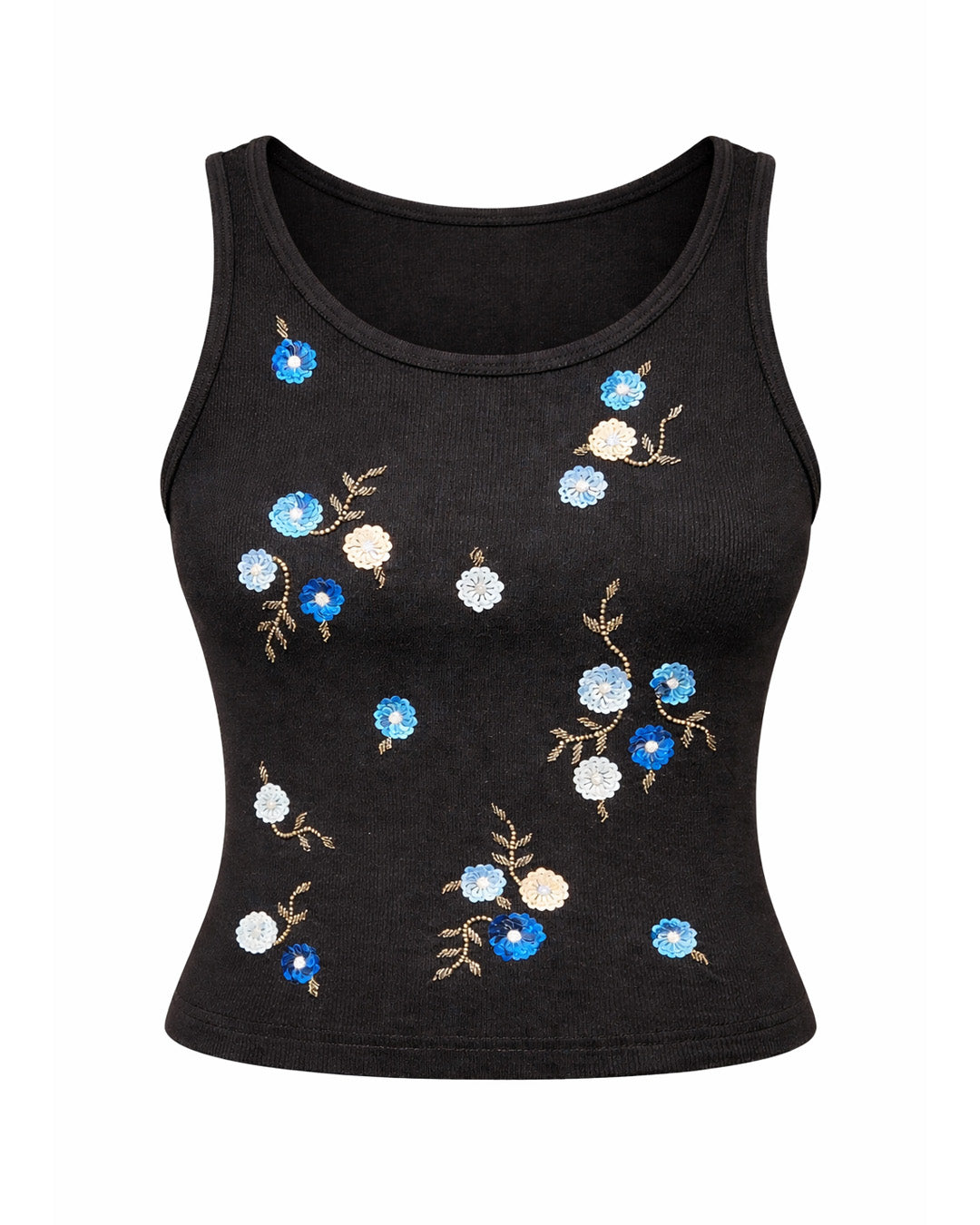 Blue Floral Ribbed Top - Black