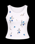 Blue Floral Ribbed Top - White