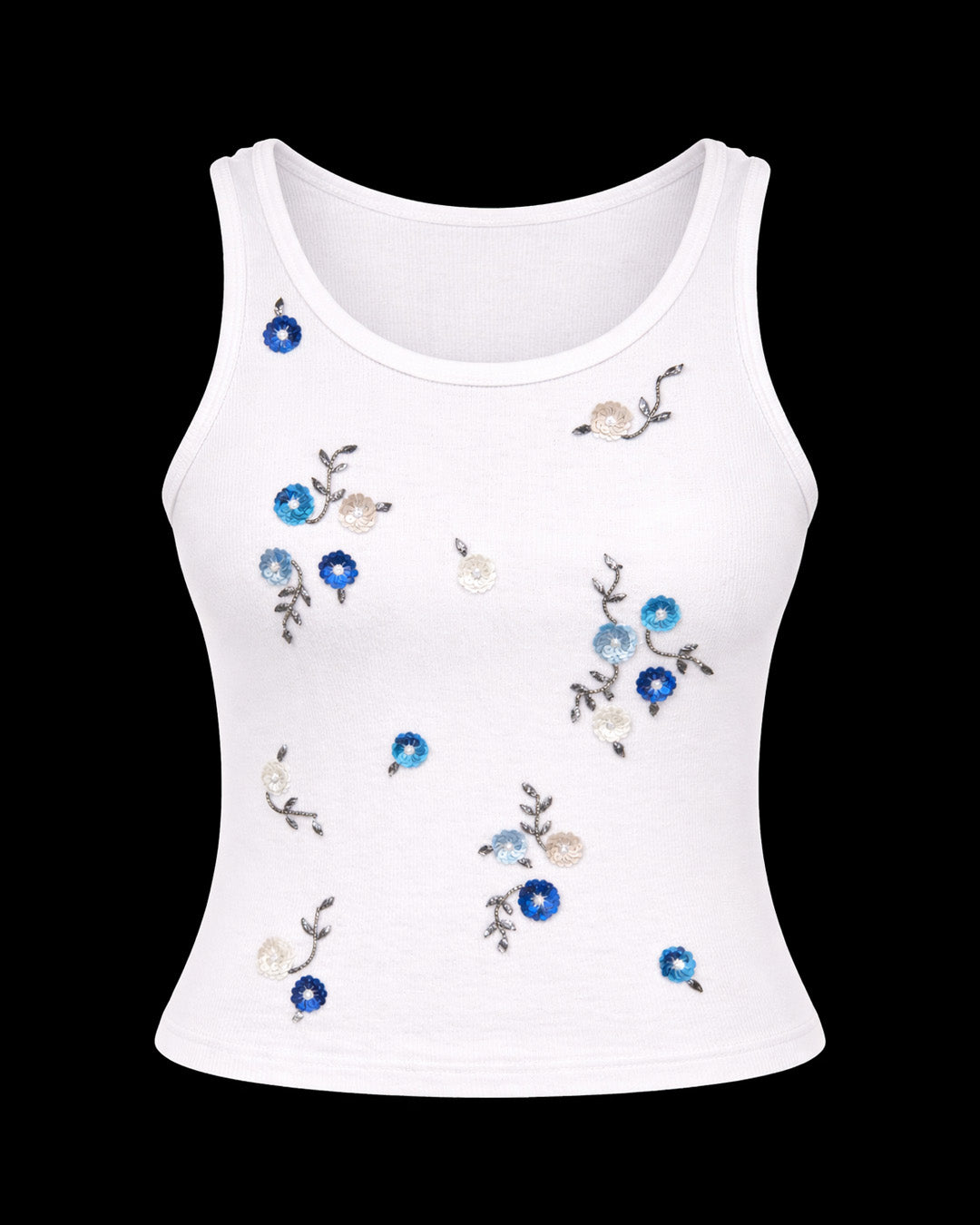 Blue Floral Ribbed Top - White