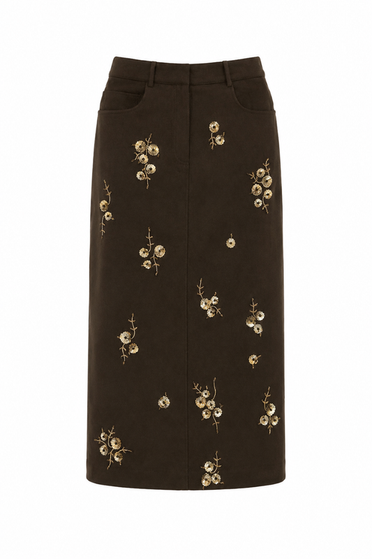 Brown Floral Suede Skirt