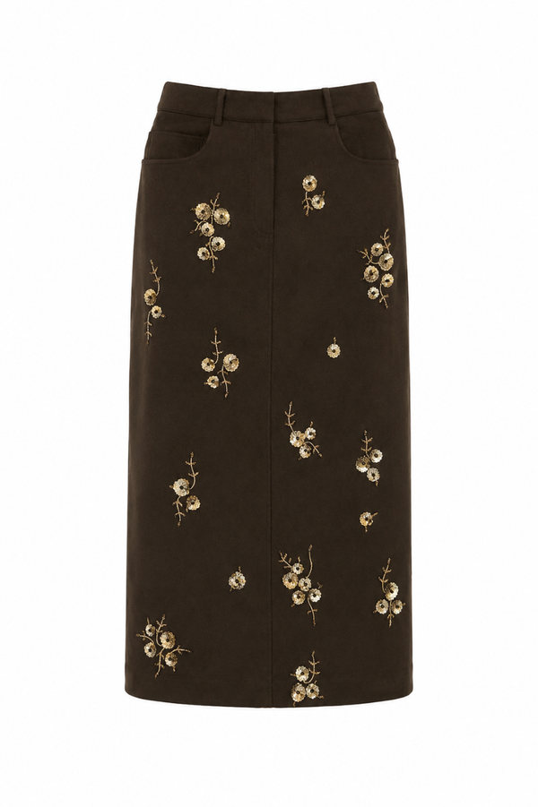 Brown Floral Suede Skirt