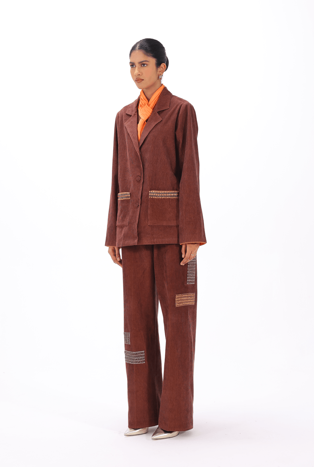 Brown Aari Blazer Co-ord Set - AMBR INDIA - #tag1# - #tag2# - #tag3# - #tag4#