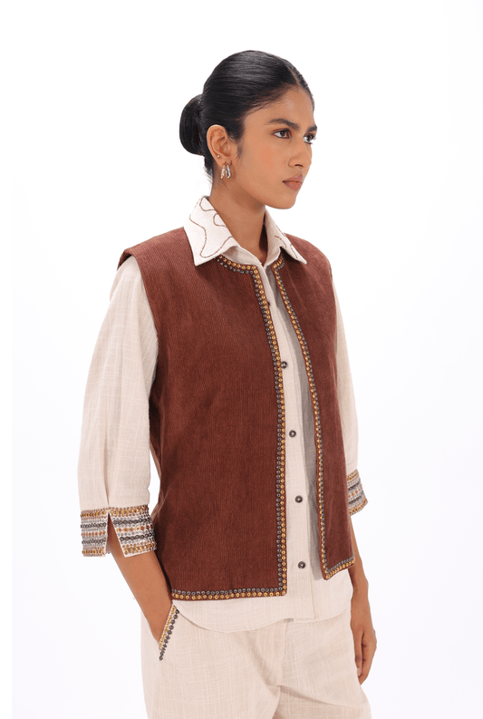 Brown Aari Open Waistcoat - AMBR INDIA - #tag1# - #tag2# - #tag3# - #tag4#