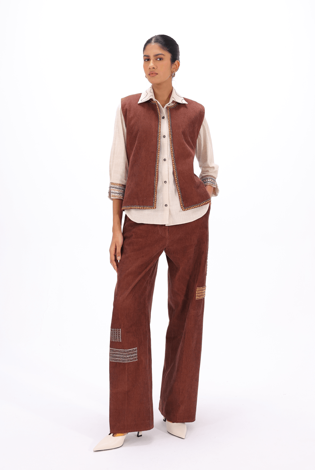 Brown Aari Open Waistcoat - AMBR INDIA - #tag1# - #tag2# - #tag3# - #tag4#