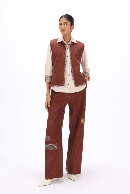 Brown Aari Open Waistcoat Co-ord set - AMBR INDIA - #tag1# - #tag2# - #tag3# - #tag4#