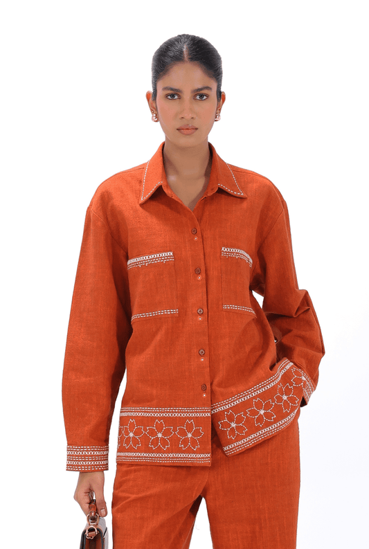 Burnt Orange Kantha Shirt - AMBR INDIA - #tag1# - #tag2# - #tag3# - #tag4#
