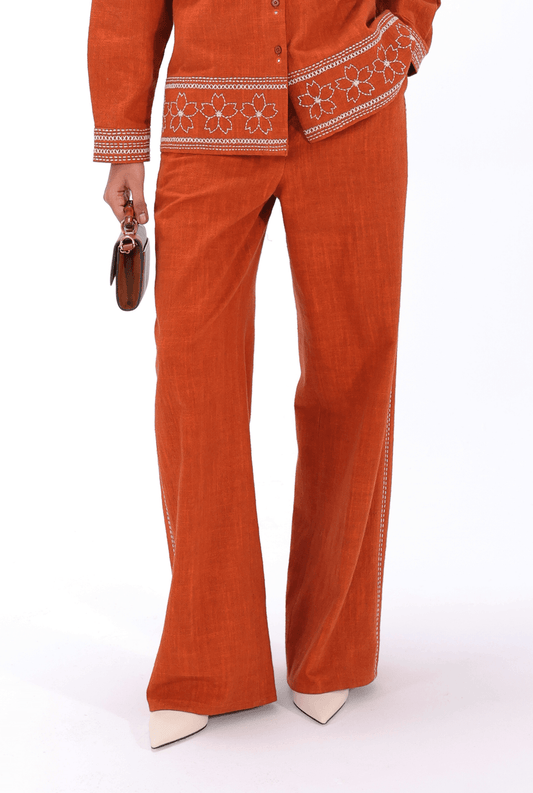 Burnt Orange Kantha Trouser - AMBR INDIA - #tag1# - #tag2# - #tag3# - #tag4#