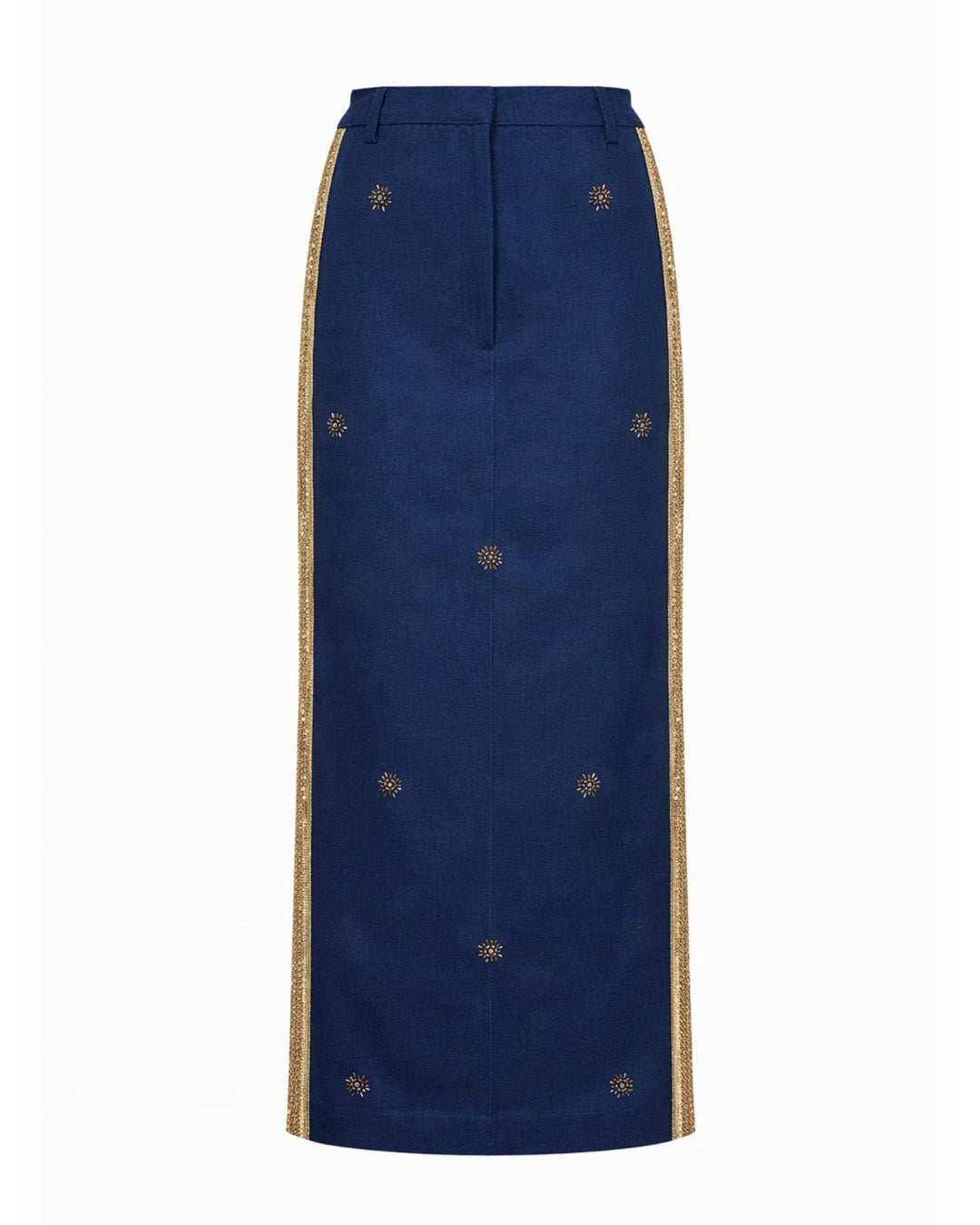 Denim Hand-Embroidered Long Skirt with Pink Detailing | AMBR – AMBR INDIA