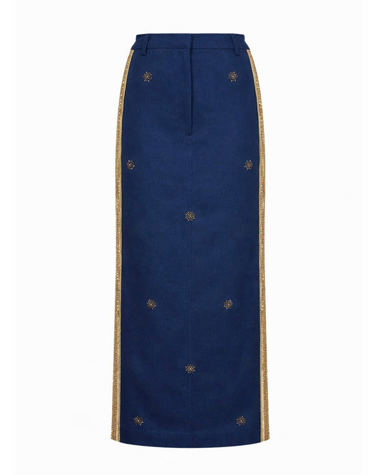 Denim Embroidered Long Skirt