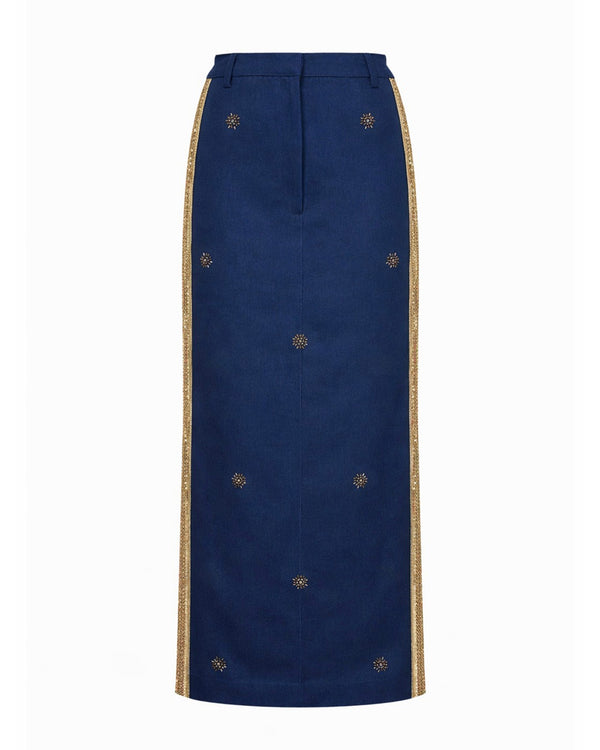 Denim Embroidered Long Skirt
