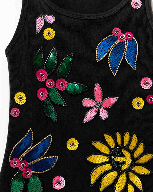 Floral Drama Ribbed Tank Top - Black
