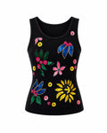 Floral Drama Ribbed Tank Top - Black