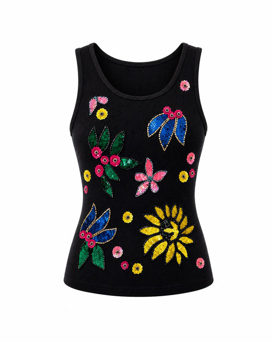 Floral Drama Ribbed Tank Top - Black
