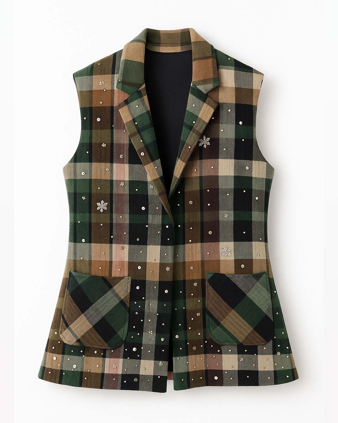 Green checks Sleeveless Blazer