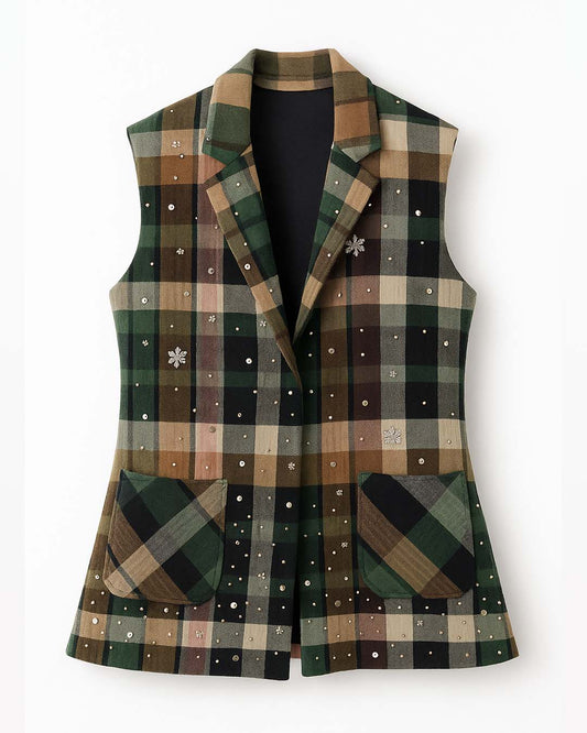 Green checks Sleeveless Blazer