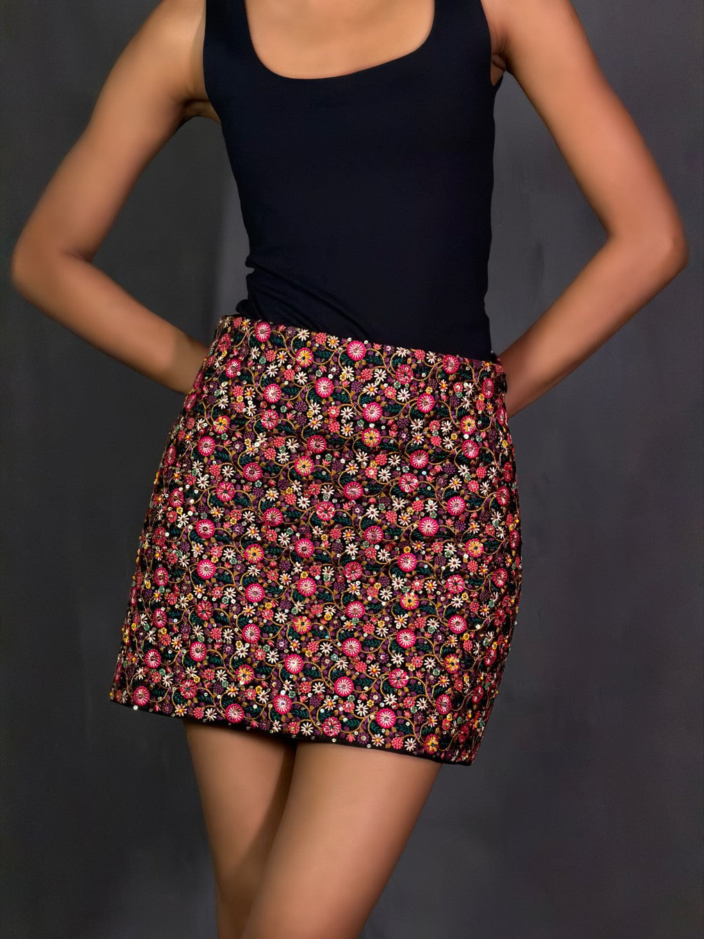 Black Floral Embroidered Skirt