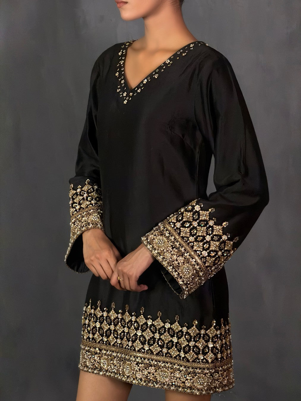 Black and Gold Bell-Sleeve Chanderi Dress