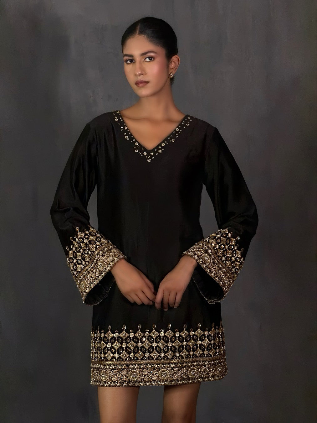 Black and Gold Bell-Sleeve Chanderi Dress