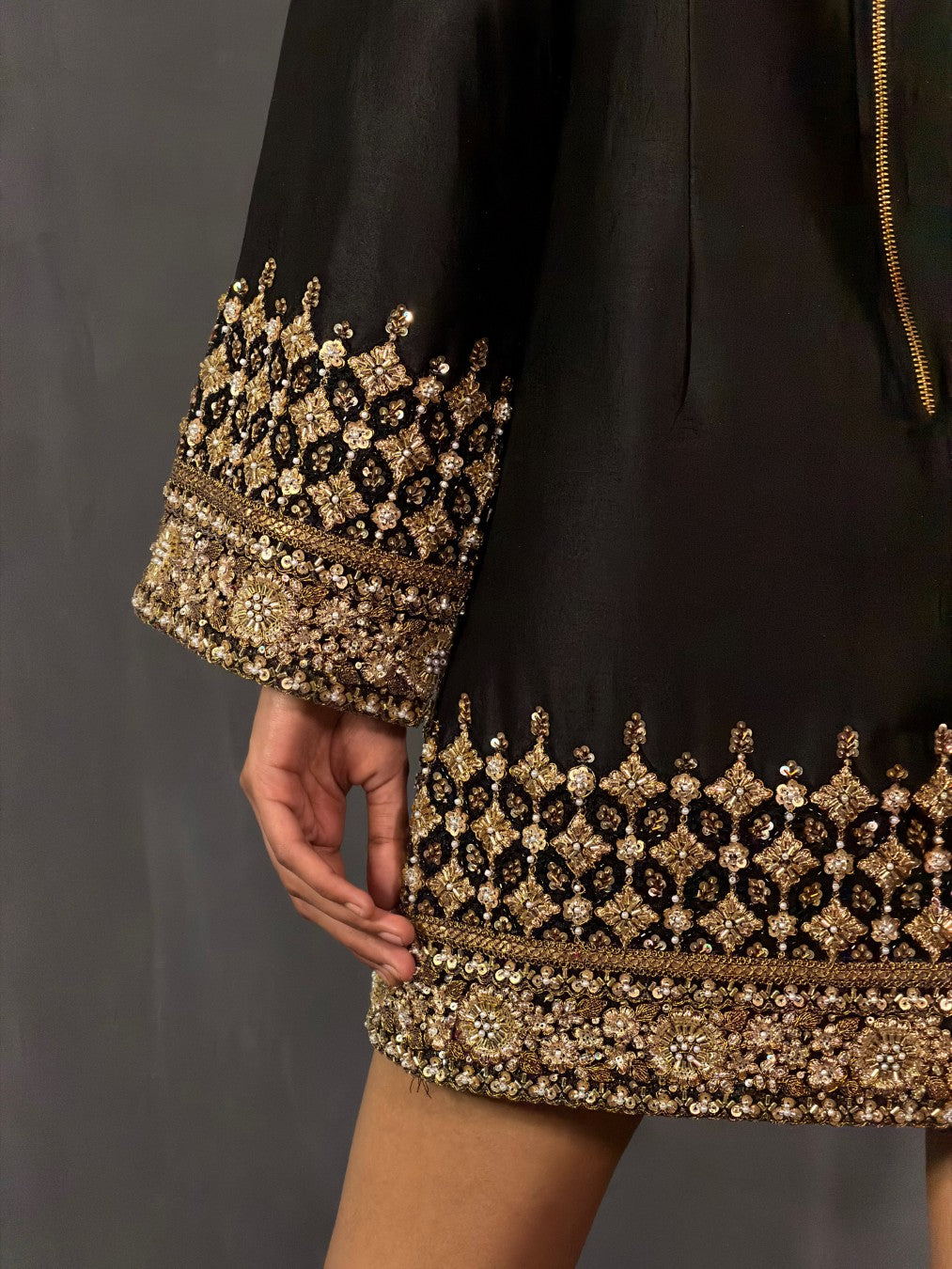 Black and Gold Bell-Sleeve Chanderi Dress
