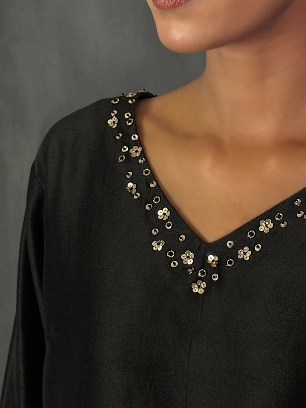 Black and Gold Bell-Sleeve Chanderi Dress