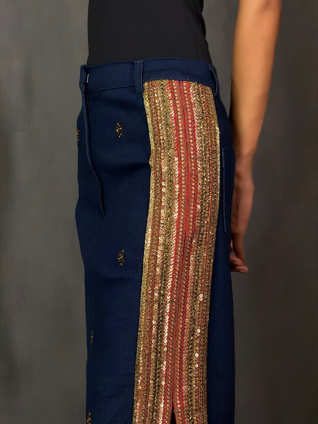 Denim Embroidered Long Skirt