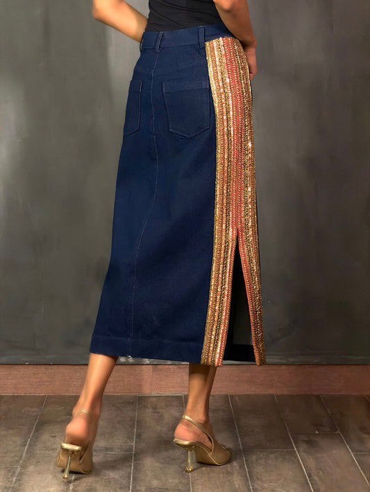 Denim Embroidered Long Skirt