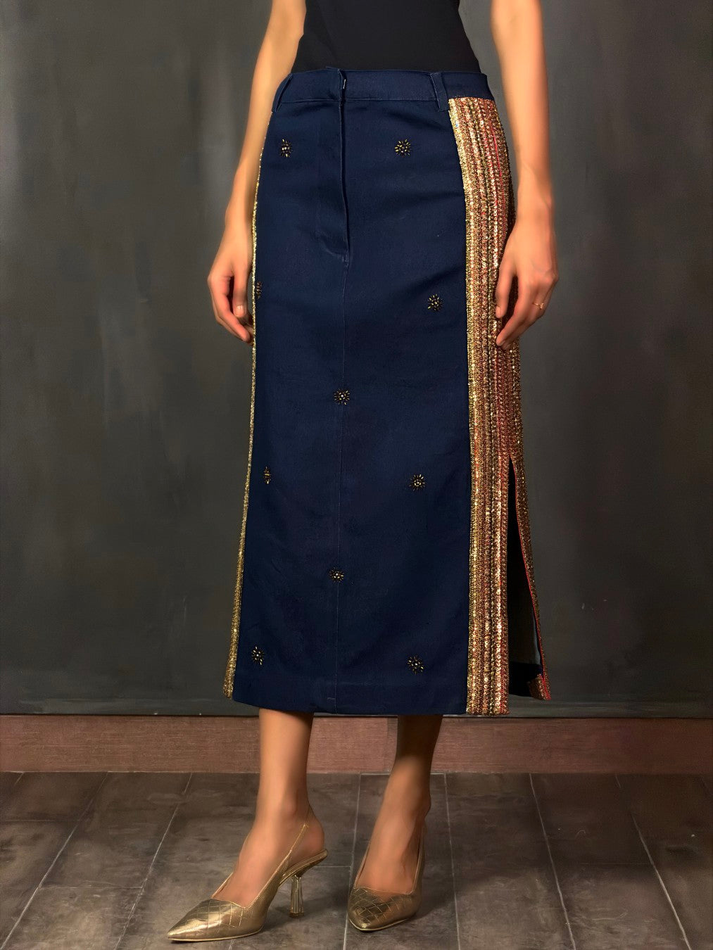 Denim Embroidered Long Skirt