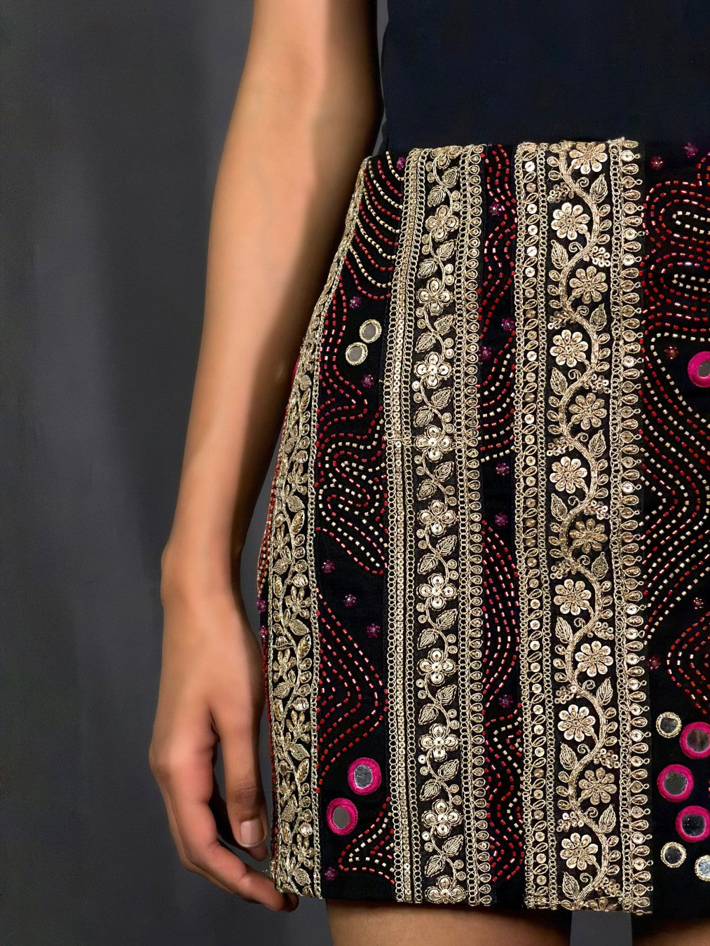 Pink and Black Embroidered Gota Skirt