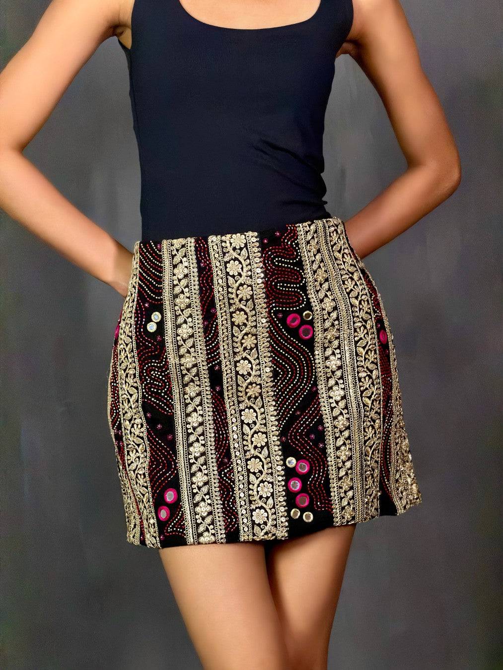 Pink and Black Hand-Embroidered Gota Skirt with Mirrors | AMBR