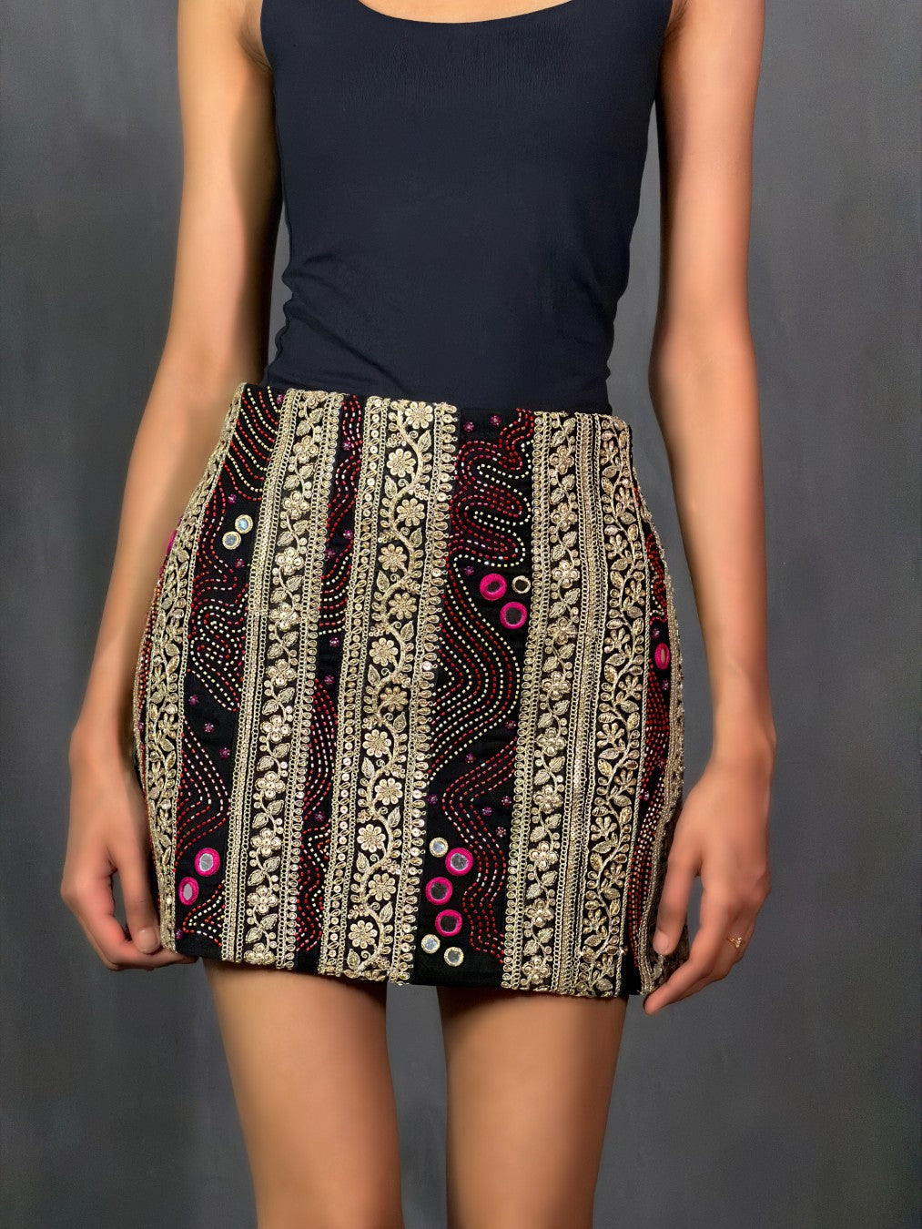 Pink and Black Embroidered Gota Skirt
