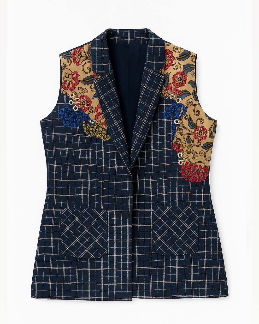 Kalamkari with Blue Checks Sleeveless Blazer