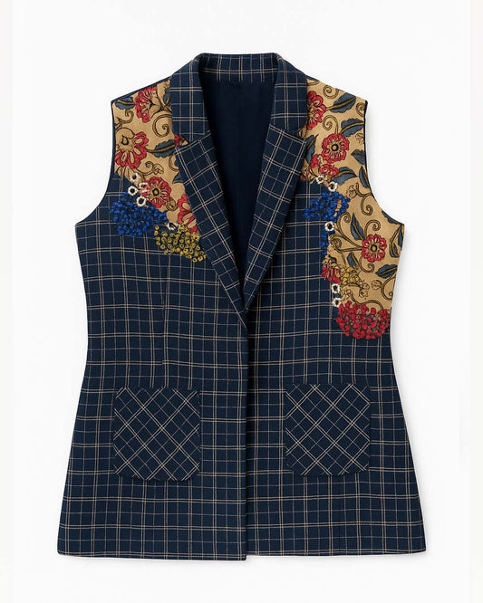 Kalamkari with Blue Checks Sleeveless Blazer
