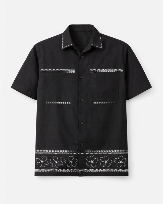 Katha Kantha Embroidery Cotton Shirt - Black