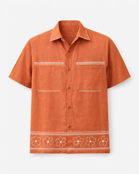 Katha Kantha Embroidery Cotton Shirt - Burnt Orange