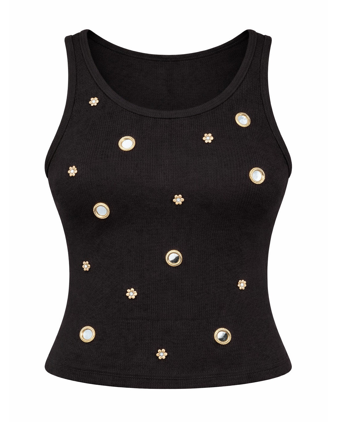 Mirror embroidery Ribbed Top - Black