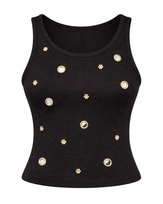 Mirror embroidery Ribbed Top - Black