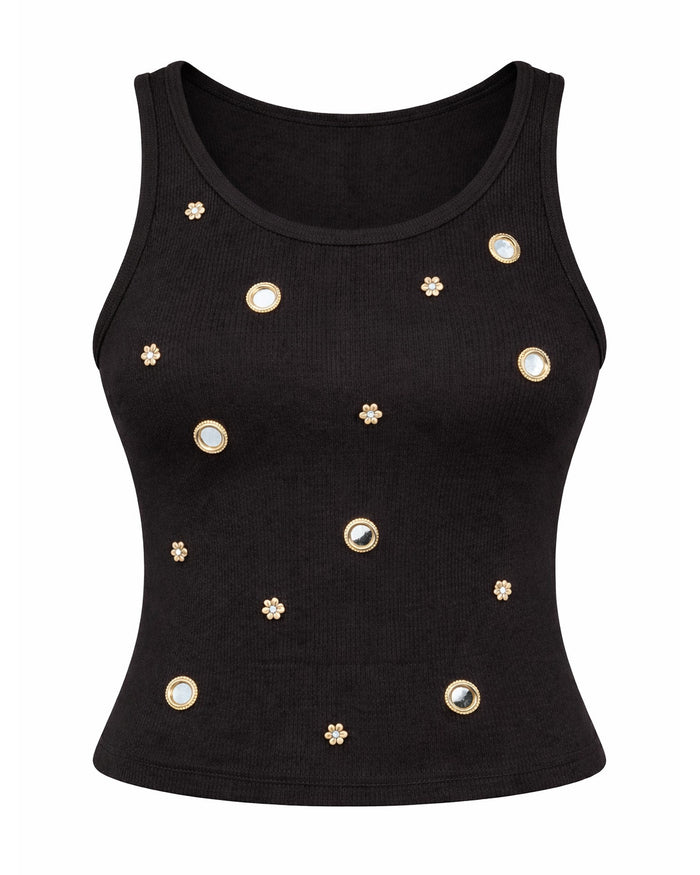Mirror embroidery Ribbed Top - Black