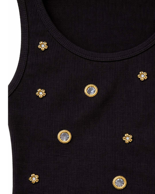Mirror embroidery Ribbed Top - Black