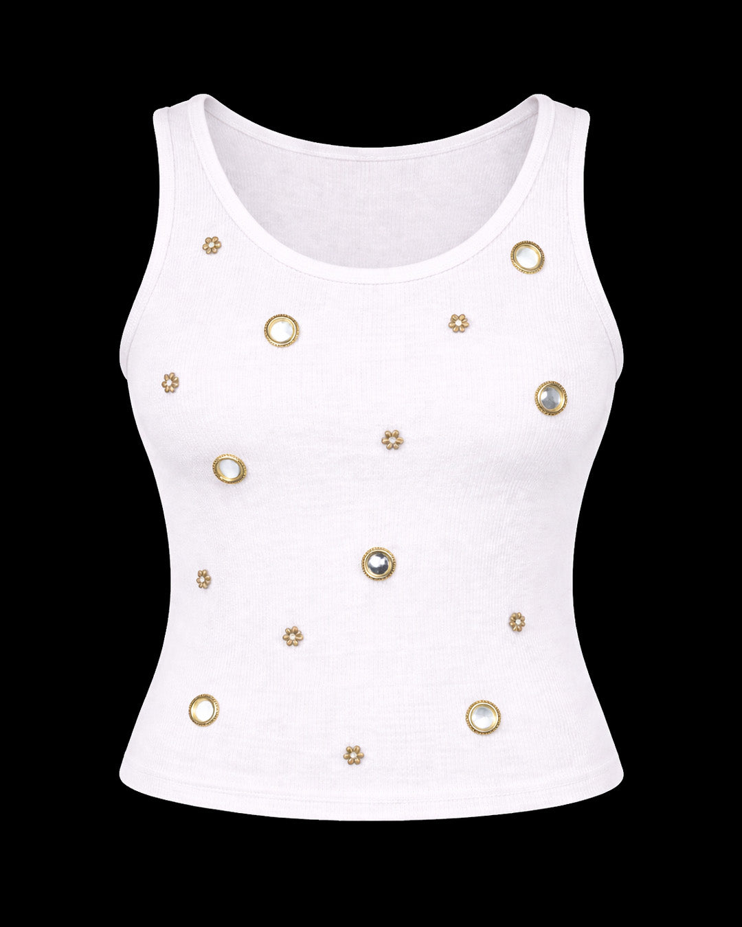 Mirror embroidery Ribbed Top - White