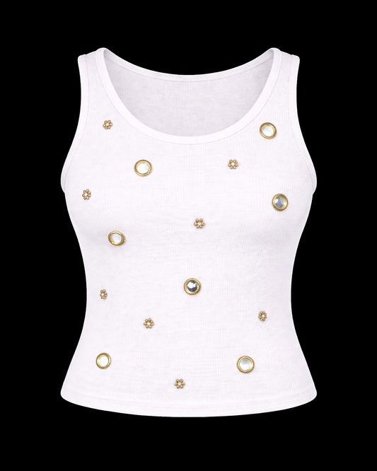 Mirror embroidery Ribbed Top - White