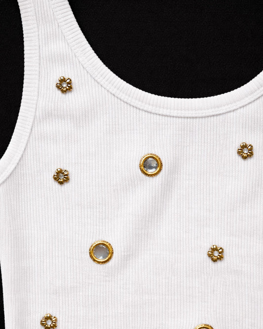 Mirror embroidery Ribbed Top - White
