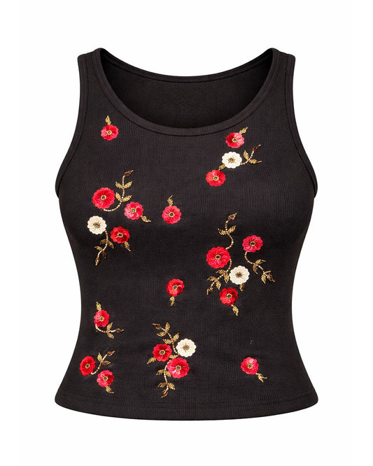Red Floral Ribbed Top - Black
