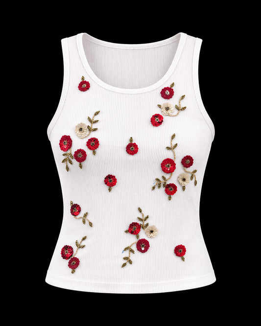 Red Floral Ribbed Top - White