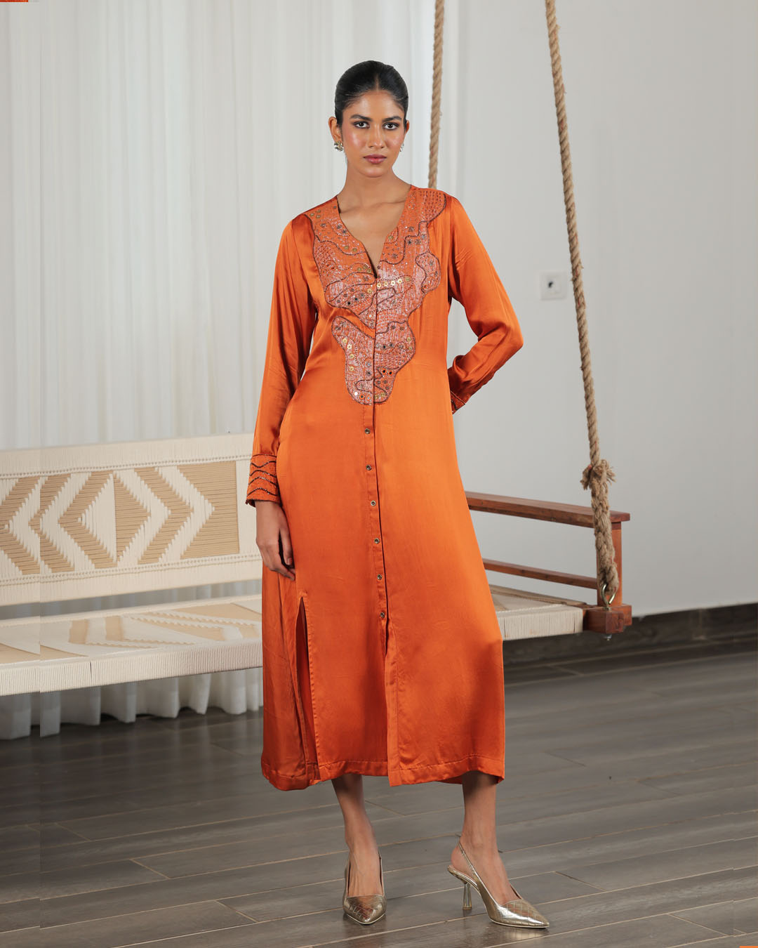 Saya Burnt Orange Applique Dress