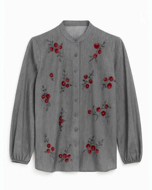 Grey Denim Shirt with Red Sequin